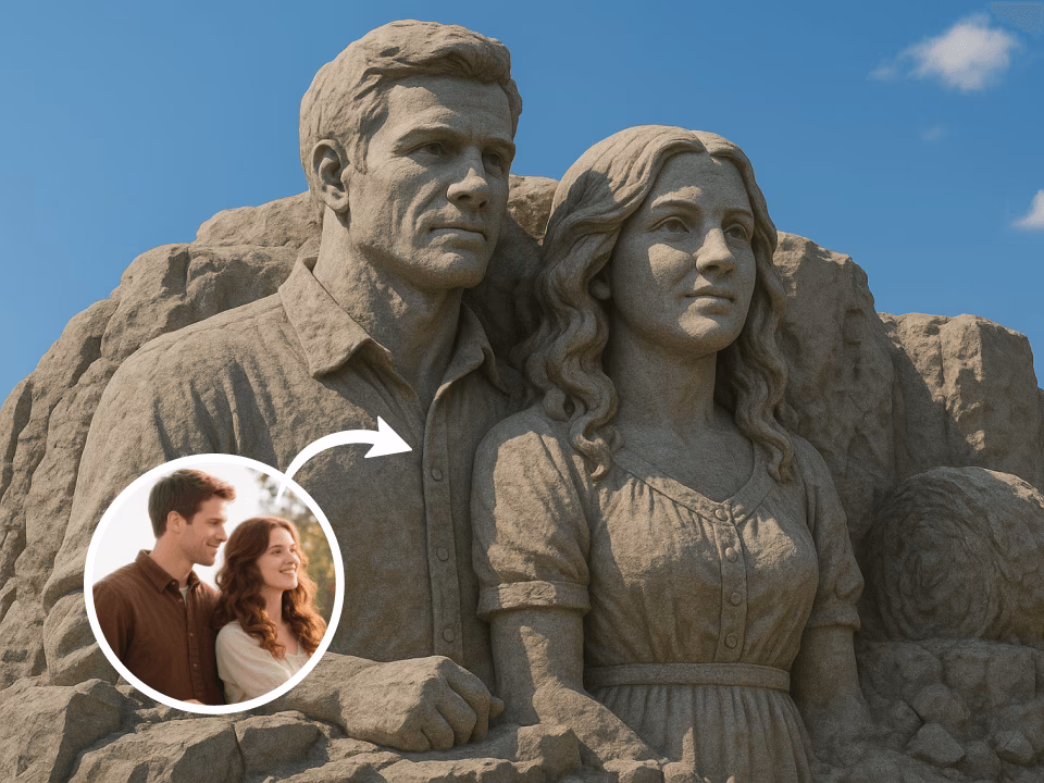 Mount Rushmore-style carved stone portrait 1