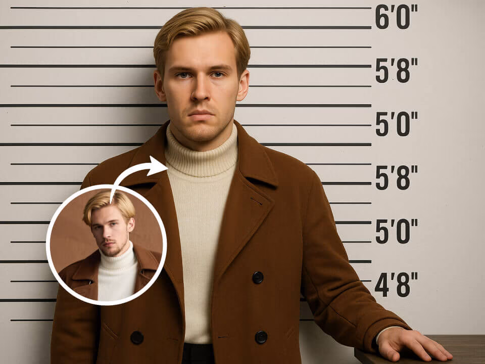 Cinematic AI mugshot-style portrait 1